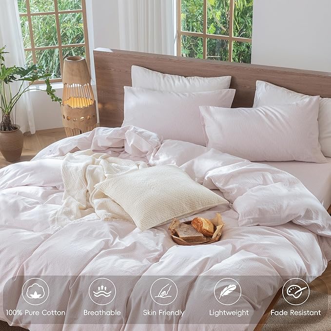 MooMee Striped Duvet Cover Set 100% Washed Cotton Linen Like Textured Breathable Durable Soft Comfy (Heathered Greyish Pink Pinstripes, Full 80"x90")
