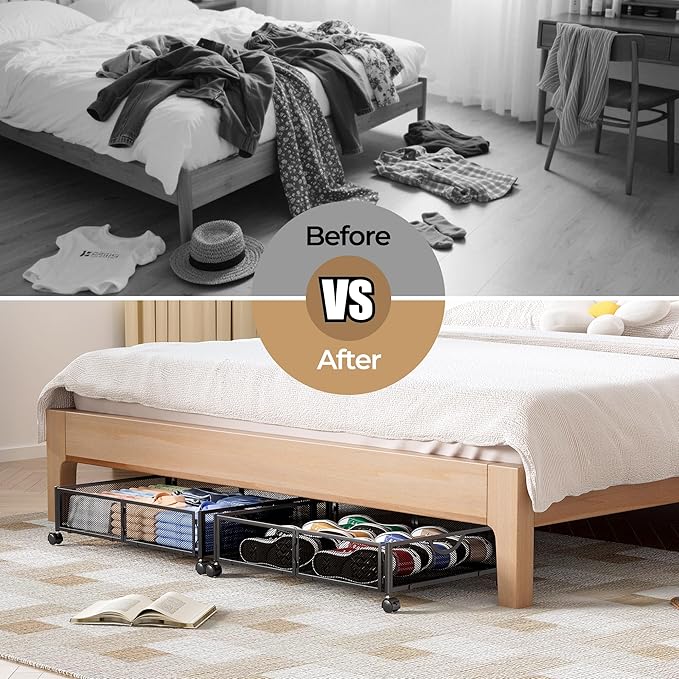 Yecaye Under Bed Storage with Wheels, 2 Pack Under Bed Shoe Storage Organizer Drawer, Tool-free Assembly Metal Underbed Storage Containers for Clothes, Shoes, Black