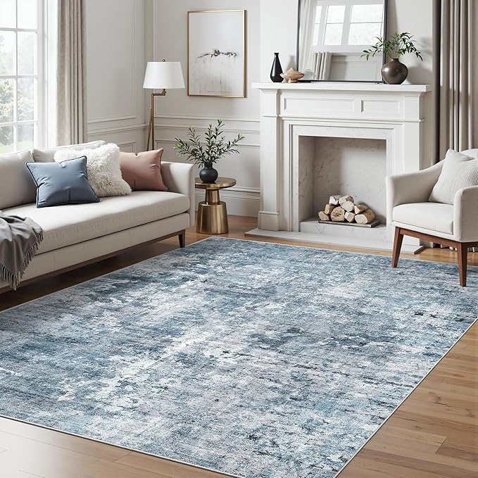 Area Rugs 4x6 for Living Room, Vintage Abstract Washable Rugs for Dining Room, Kitchen, Non-Slip Area Rug Blue