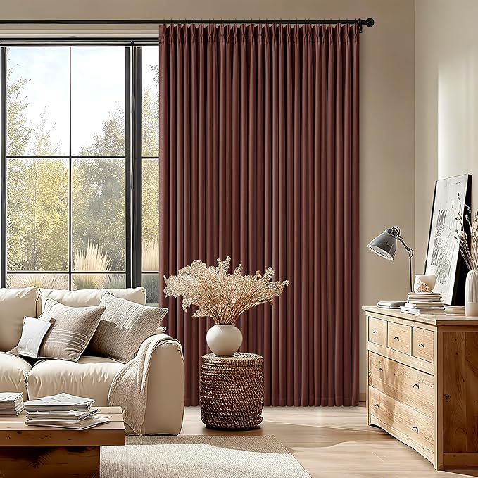 Red Brown 80 Inch Pinch Pleated Black Out Curtains 2 Panel Set for Living Room Pinch Pleat Linen Drapes with Liner 80 Inches Long 100% Blackout Light Blocking Energy Saving Curtain for Dining Bedroom