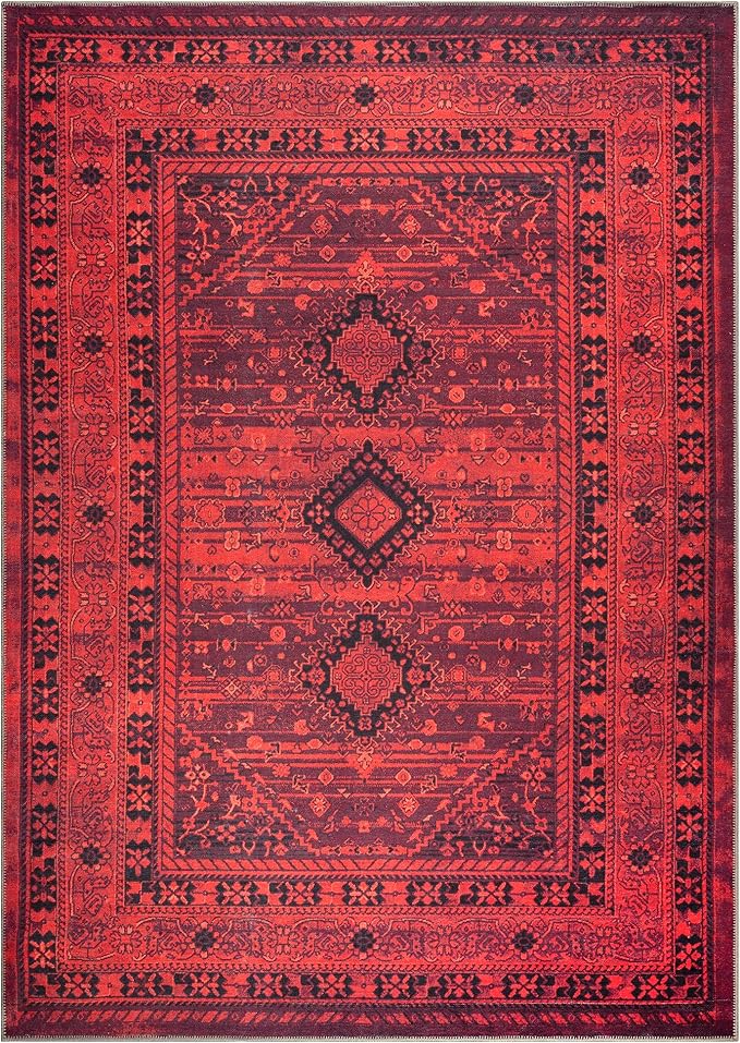 Bloom Rugs Washable Non-Slip 9' x 12' Rug - Red Traditional Bordered Area Rug for Living Room, Bedroom, Dining Room, and Kitchen - Exact Size: 9' x 12'