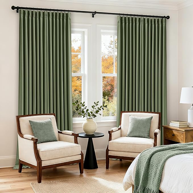 100 Inch Blackout Pinch Pleat Curtains 2 Panels Set for Living Room Bedroom Farmhouse Farmhouse Pinch Pleated Back Tab Thermal Insulated 100% Black Out Window Curtain Olive Green 100 Inch Length