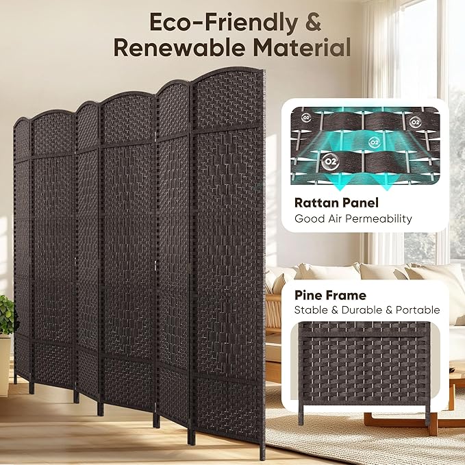 JOSTYLE Room Divider 6ft. Tall Extra Wide Privacy Screen, Folding Privacy Screens with Diamond Double-Weave Room Dividers and Freestanding Room Dividers Screens (Espresso, 6-Panel)