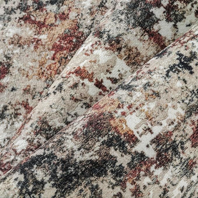 Modern Area Rug 3x5 Machine Washable Entryway Entrance Carpet Red Brown Multi Kitchen Mat Non Slip Indoor Accent Neutral Abstract Distressed Throw Rug for Dining Living Room Office Bedroom