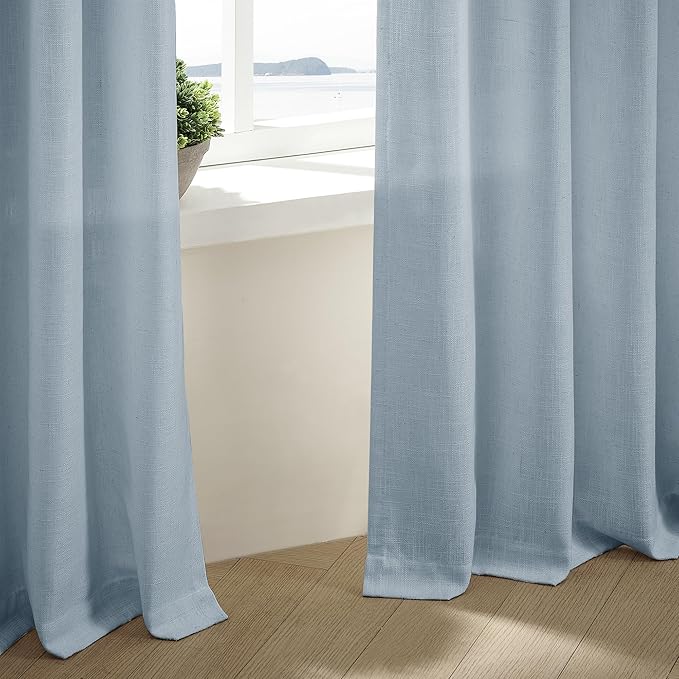 Blue Grey 90 Inch Linen Curtains Pinch Pleated for Living Room Bedroom Dining Boho Coastal Light Filtering Pinch Pleat Drapes Hooks Rings Back Tab Semi Sheer Dusty Blue Window Curtains 2 Panels