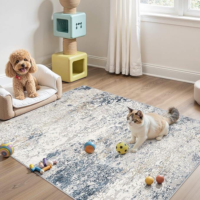 Area Rug Living Room Rugs - 4x6 Abstract Large Soft Indoor Washable Rug Neutral Modern Low Pile Carpet for Bedroom Dining Room Farmhouse Home Office - Beige Blue