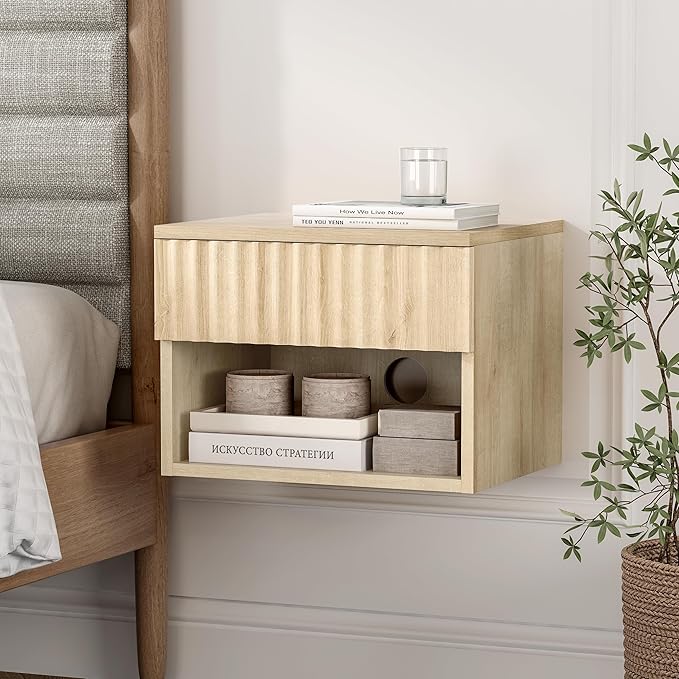 Floating Nightstand Set of 2 with Drawer, Fluted Modern Night Stand with Fluted Door and Open Storage Shelf Wall Mounted Bedside Table for Bedroom, Entryway Light Oak
