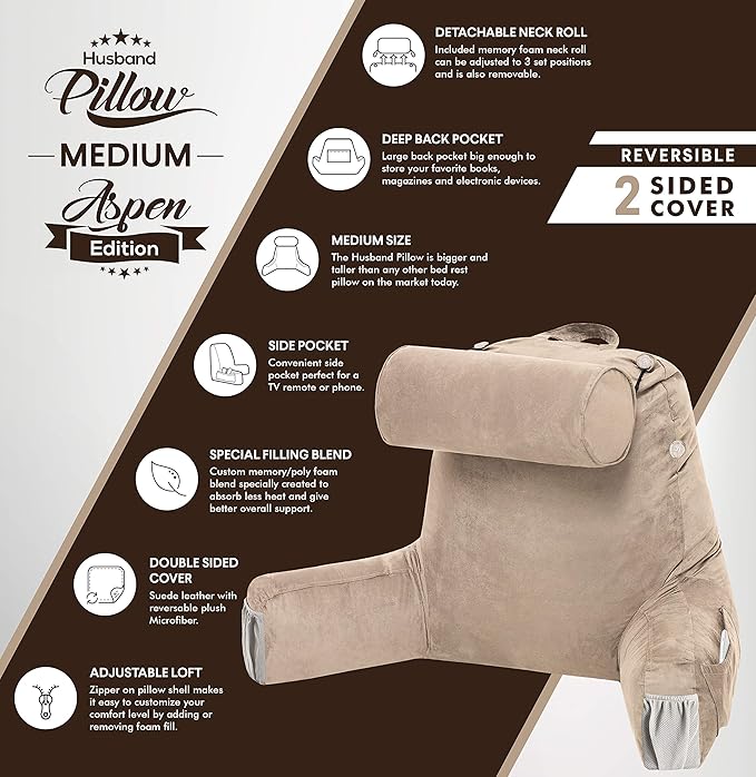 Husband Pillow Medium Aspen Edition Cowboy Taupe, Sit Up Reading & Bed Rest with Arms, Ultra-Comfy, Detach Neck Roll - Premium Shredded Memory Foam Backrest, Reverses to Micro: Suede or Plush