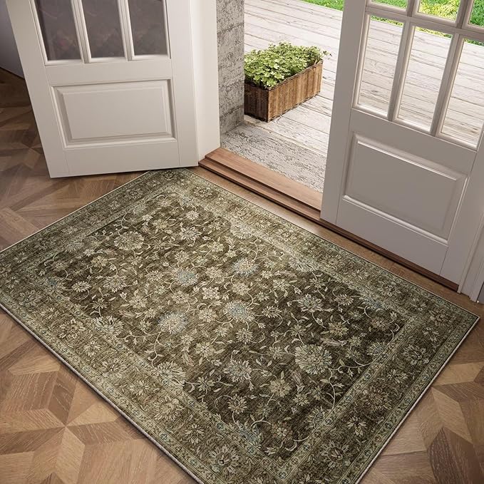 Washable 2x3 Entryway Rug, Boho Non-Slip Door Mat Vintage Distress Small Rugs for Kitchen Nursery Office Bedroom, 0.3" Neutral Oriental Throw Carpet with Cushioning Pad, Tan/Flaxen/Multi