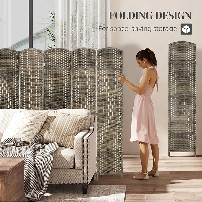 HOMCOM 6 Panel Room Divider, 6' Tall Folding Privacy Screen, Hand-Woven Freestanding Wall Partition for Home Office, Bedroom, Dark Rustic Oak