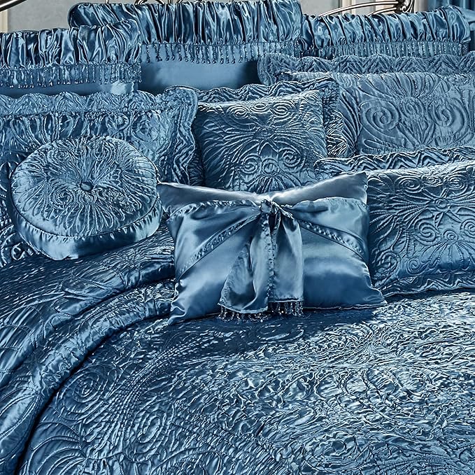 Touch of Class Portia Luxury Bedding | Sapphire Blue | Quilted Polyester Satin | Hand Guided Machine Quilted Scroll Design 7 Piece Set: Cal King Oversized Bedspread, 2 King Shams, 4 Pillows