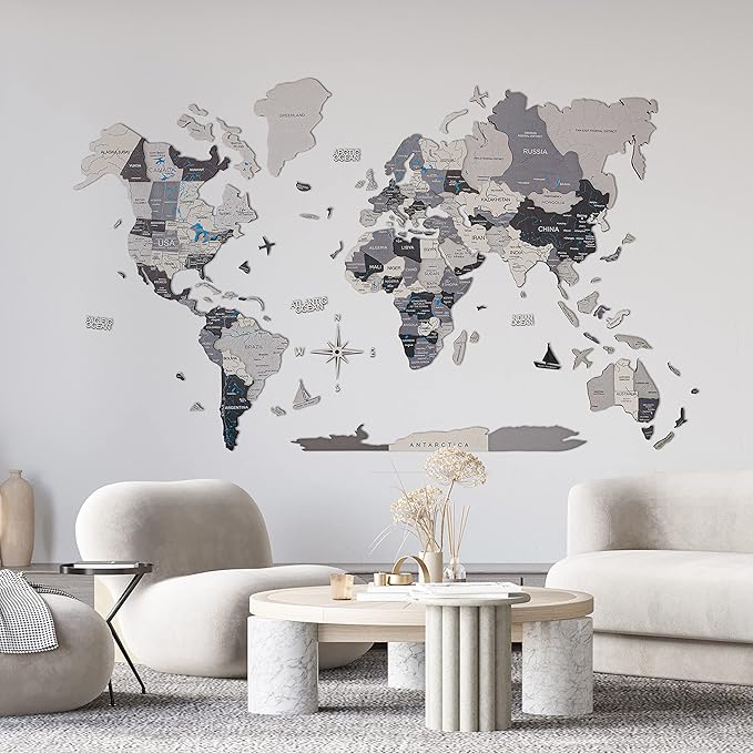 Handmade 3D Wood World Map Wall Art Large Wall Decor Track Your World Travels - Special for Home, Kitchen and Office (Large, Nordik)