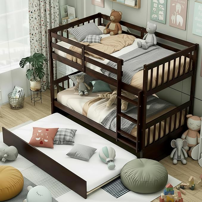 KOMFOTT Wood Twin Over Twin Bunk Bed with Trundle, Solid Pine Wood Bunk Bed Frame with Ladder & Safety Guardrails, Space-Saving Convertible Twin Bed Frame for Home & Dormitory, No Box Spring Needed