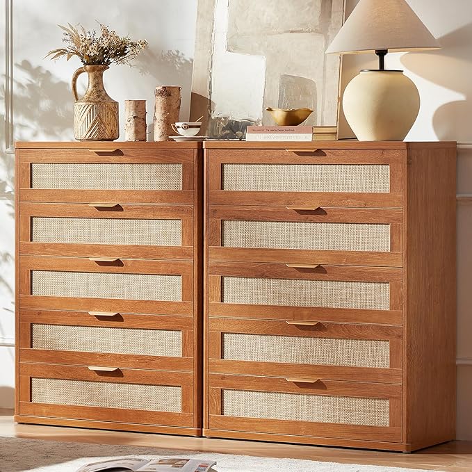 LEYAOYAO Rattan Dresser for Bedroom Set 2, 41" Tall Chest of Drawers, Modern 5 Drawers Boho Dressers with Storage, Light Oak Dresser Wooden Closet Organizer for Living Room, Hallway, Tea Brown