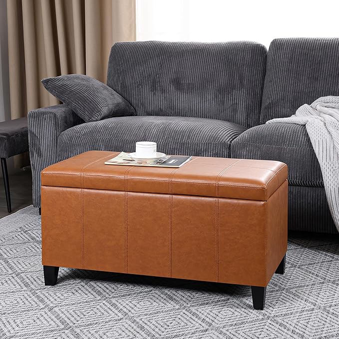Joveco Storage Ottoman Bench, 33 Inches Faux Leather Rectangle Tufted Foot Stool for End Foot of Bed, Bedroom, Living Room, Ginger
