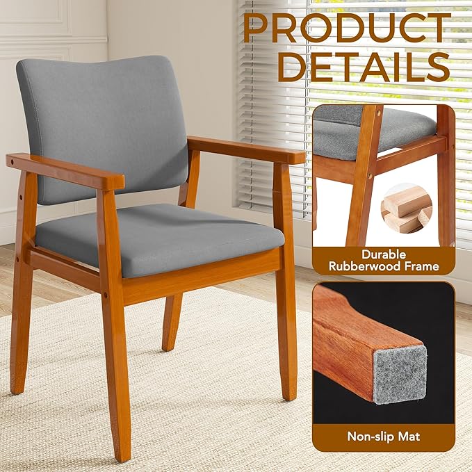thksbought Set of 2 Mid Century Modern Walnut Dining Chairs Wood Arm Grey Fabric Kitchen Cafe Living Room Decor Furniture