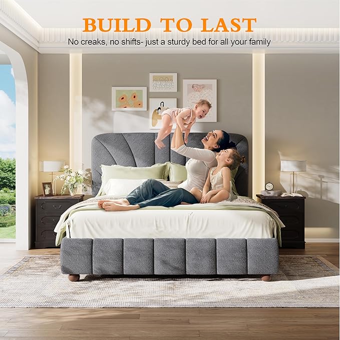 Full Size Boucle Bed Frame Upholstered Bed Frame Full with Adjustable Headboard, Solid Wood Slats Support, Bed for Bedroom Apartment, Dorm, No Box Spring Needed, Easy Assembly, Noise-Free, Grey