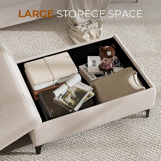 35" Large Storage Ottoman for Living Room, 7.8" Deep Seat Rectangular Ottoman Foot Rest for Couch, Chenille Storage Footstool Load 350 lb （Beige）