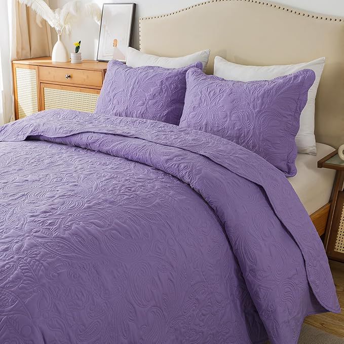 HoneiLife Quilt Sets King Size - 3 Pieces Microfiber Quilt Set Lightweight Bedspreads Reversible Coverlets Rustic Bed Cover King Quilt Bedding Set All Season Quilts-Purple