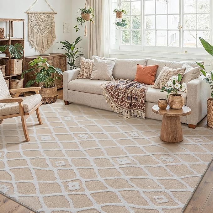 Ivory 5x7 Area Rug Moroccan Shag Living Room Washable Carpet Soft Non Shedding Neutral Boho Plush Pile Modern Large Throw Rug for Kitchen Dining Room Bedroom Office