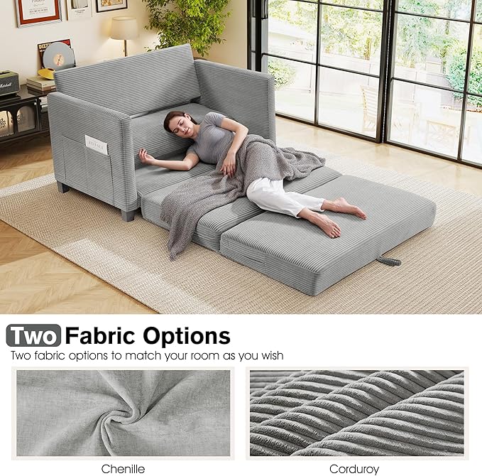 51" Loveseat Sleeper Sofa Bed, Corduroy Convertible Floor Sofa Bed for Small Spaces, Folding Couch Bed with Deep Seat, 2 Pillows & Solid Frame, Pull Out Floor Couch for Living Room, Grey