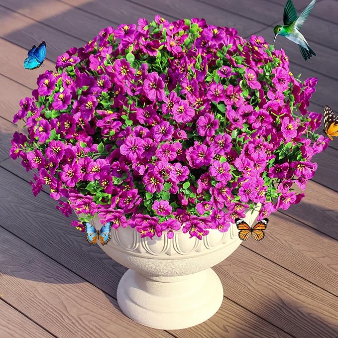 Artificial Flowers for Outdoors Faux Outside Plants Spring Summer Decorations 16 Bundles UV Resistant Silk Daisy Fake Eucalyptus Realistic Used for Yard,Porch,Patio,Window Box,Planter Decor