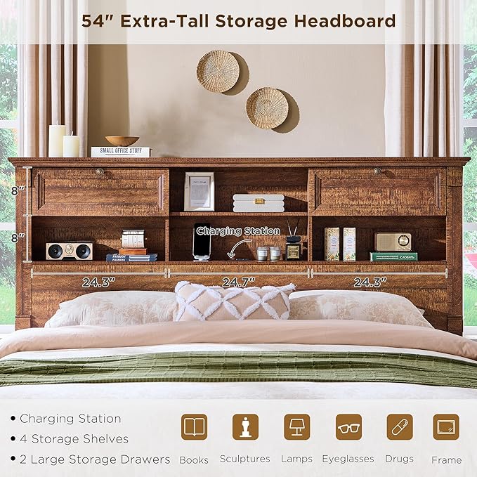 Farmhouse King Size Bed Frame with 54" Tall Storage Bookcase Headboard, Wood Platform Bed Frame with 18" Tall Roman Column Decoration Footboard & 2 Drawers, No Box Spring Needed(Reclaimed Barnwood)
