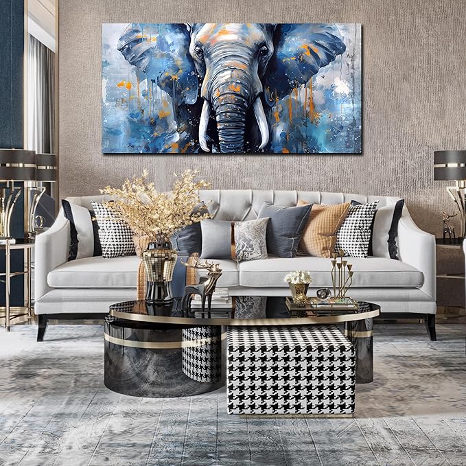 ENTANUB Elephant Wall Art for Living Room, Animal Canvas Print Painting for Bedroom, Blue Picture Decor, Size 59 x 29 Inches