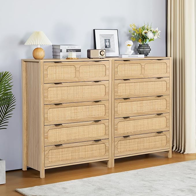 LEVNARY 5 Drawer Chest Dresser, Rattan Tall Dresser 5 Chest of Drawers Dressers for Bedroom, Wooden Storage Cane Cabinet with Metal Handles for Living Room Hallway (Natural)