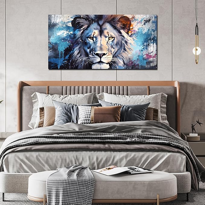 ENTANUB Lion Wall Art for Living Room, Animal Canvas Print Painting for Bedroom, Blue Picture Decor, Size 40x20 Inches