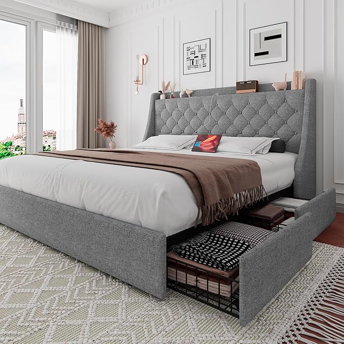 iPormis Queen Bed Frame with 4 Storage Drawers, Upholstered Platform Bed Frame with Type-C & USB Ports, Wingback Storage Headboard, Solid Wood Slats, No Box Spring Needed, Light Gray