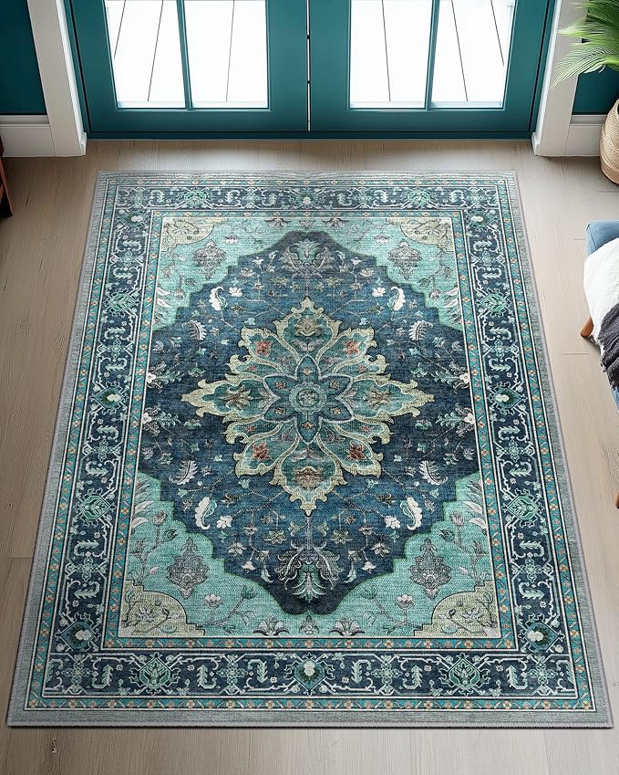 Area Rugs 3'x4' Washable Non-Slip, Floral Vintage Distress Print Pattern Medallion Carpet for Living Room Bedroom Dining Room, Teal Green Lake Blue Turquoise