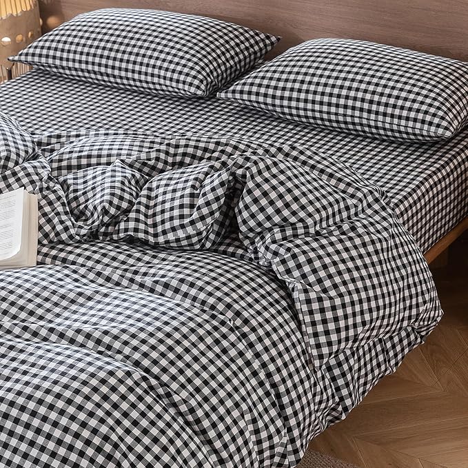 MooMee Gingham Duvet Cover Set 100% Washed Cotton Linen Like Textured Breathable Durable Soft Comfy Modern Checkered Design (Black White Gingham, King 104"x90")