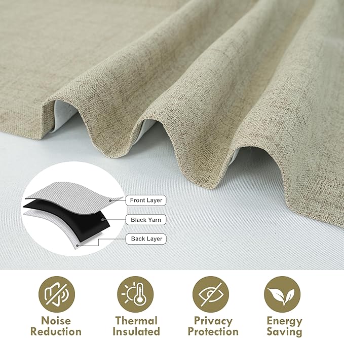 DriftAway Double Layer Linen Blackout Tie Up Curtains Thermal Insulated Fully Lined Balloon Roman Shade Bathroom Window Adjustable Rod Pocket for Small Window 39 Inch by 55 Inch Light Khaki Linen