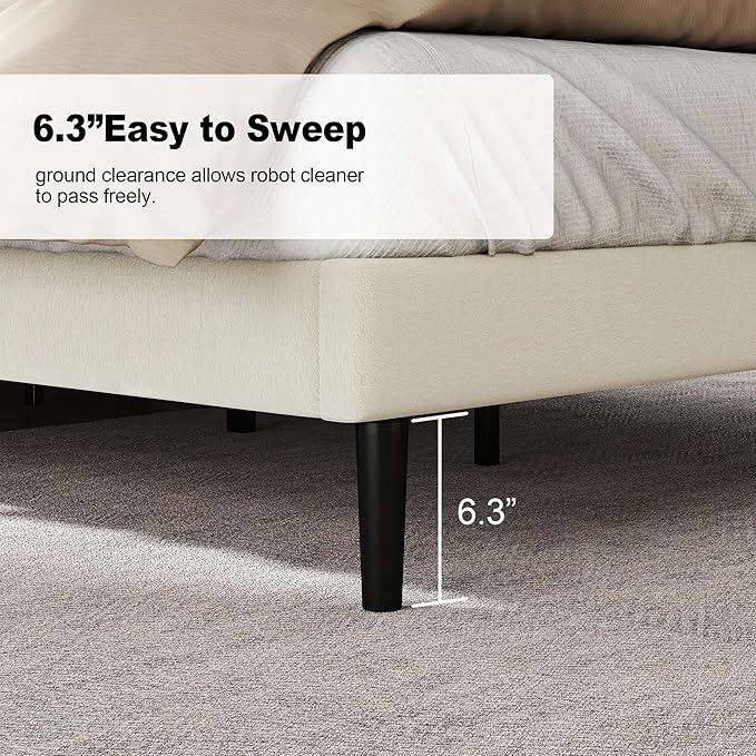 Queen Size Bed Frame with Fabric Upholstered Headboard, Platform Bed with Wooden Slats Support, Fully Mattress Foundation, Box Spring Optional, Easy Assembly