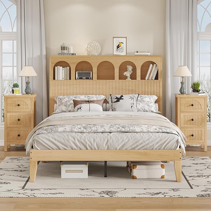 Queen Bed Frame, Storage Headboard with 5 Arched Storage Compartments, 12.4 Inch Farmhouse Wooden Queen Bed Frame, No Box Spring Needed, No Noise (Wood Color)