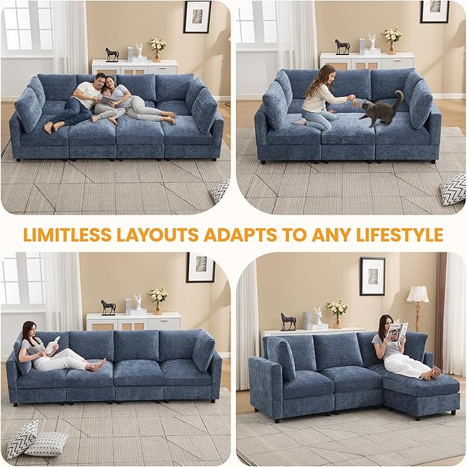 89'' Modular Sectional Cloud Sofa Bed, 6-Seater Convertible Sofa Couch with Ottoman, Modern Deep Seat Sleeper Sofa for Living Room, Chenille Blue