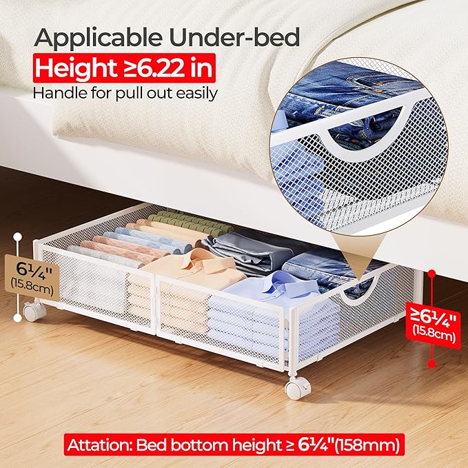 Yecaye Under Bed Storage with Wheels, 2 Pack Under Bed Shoe Storage Organizer Drawer, Tool-free Assembly Metal Underbed Storage Containers for Clothes, Shoes, White