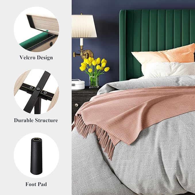 Allewie Full Size Bed Frame/Velvet Upholstered Platform Bed/Vertical Channel Tufted Wingback Headboard/Strong Wooden Slats/No Box Spring Needed/Easy Assembly/Green