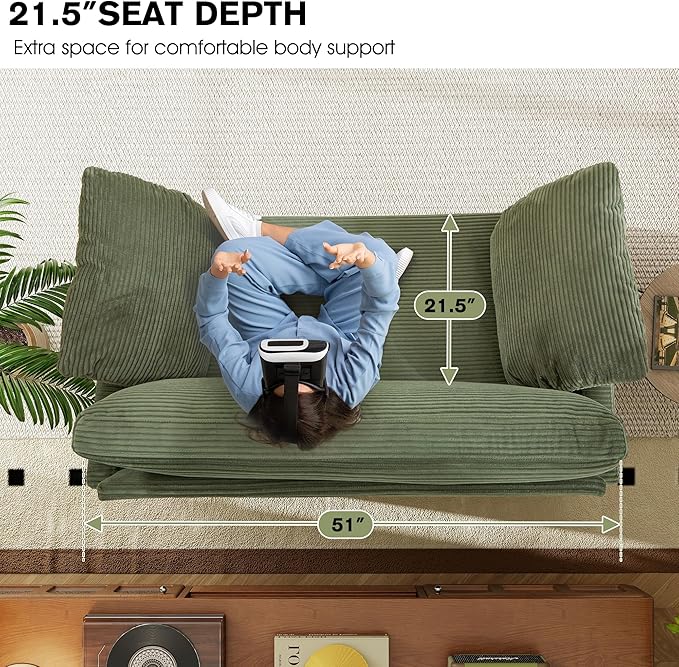 51" Loveseat Sleeper Sofa Bed, Corduroy Convertible Floor Sofa Bed for Small Spaces, Folding Couch Bed with Deep Seat, 2 Pillows & Solid Frame, Pull Out Floor Couch for Living Room, Green