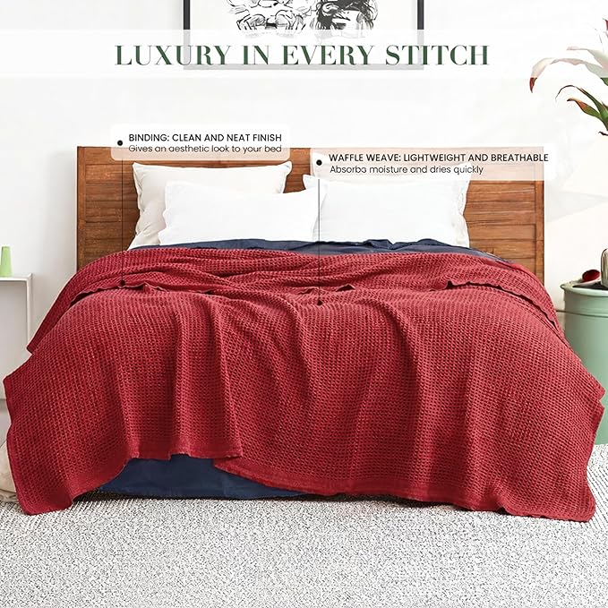 Salt Earth 100% Cotton Throw Blanket, Queen, 90"X92" Waffle Throws for Home, Bedrooms, Outdoor Couch Office Couch, Modern Cozy Room Decor Blankets, Lightweight, All Season Western Blanket (Red)