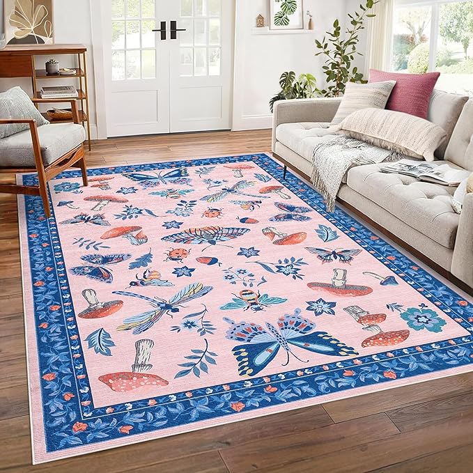 Mushroom Insect Washable Rug 5x7 Area Rugs for Bedroom Non Slip with Rubber Back Low Pile Stain Resistant Modern Butterfly Carpet for Living Room Nursery Kitchen Dining Room Blue Pink