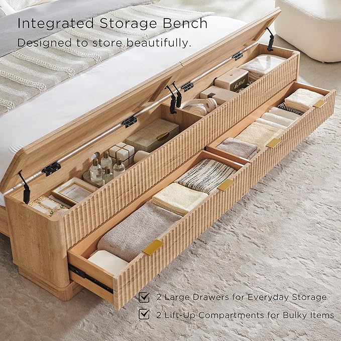 T4TREAM Fluted King Size Bed Frame with Wingback Headboard, Footboard Storage Bench with Built-in Drawers & Lift-Up Compartments, Wood & Steel Platform Bed, No Box Spring Needed, Natural Oak