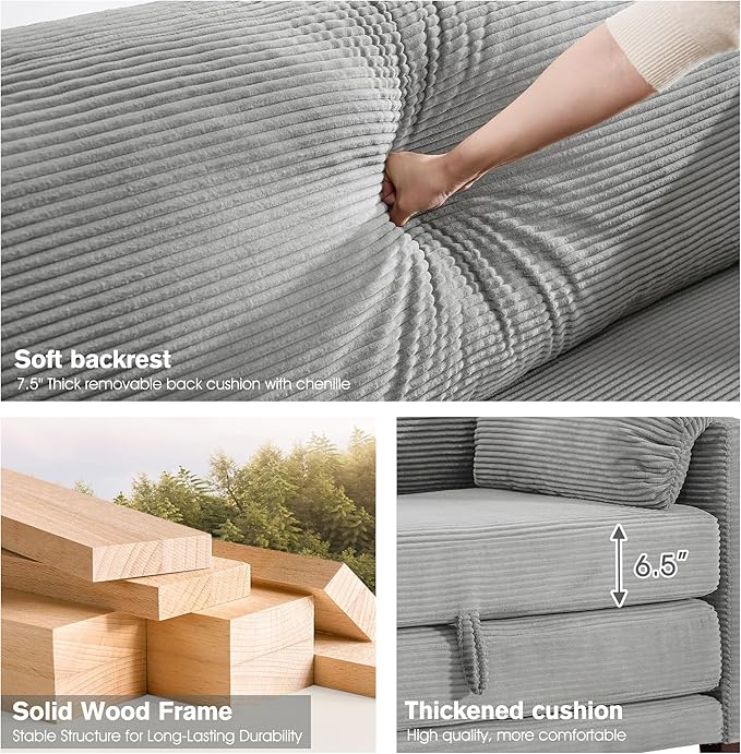 51" Loveseat Sleeper Sofa Bed, Corduroy Convertible Floor Sofa Bed for Small Spaces, Folding Couch Bed with Deep Seat, 2 Pillows & Solid Frame, Pull Out Floor Couch for Living Room, Grey