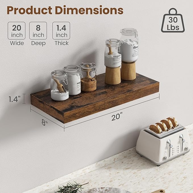 20 Inch Floating Shelves for Wall, 8 Inch Deep Floating Shelf for Storage & Display, Wall Mounted Shelf with Invisible Brackets for Living Room, Kitchen, Bathroom, Home Decor, Set of 2, Rustic Brown