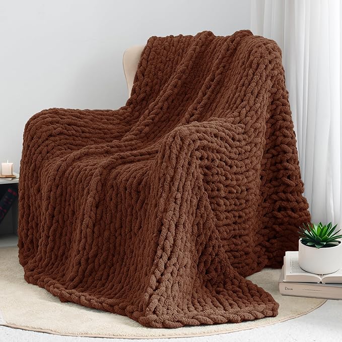 Chunky Knit Throw Blanket 50"X 60", 100% Handmade with Soft Chenille Yarn, 4.4lbs Thick Cable Knitted Blankets, Large Rope Knot Crochet Throws for Couch Sofa Bed Home Decor, Dark Brown