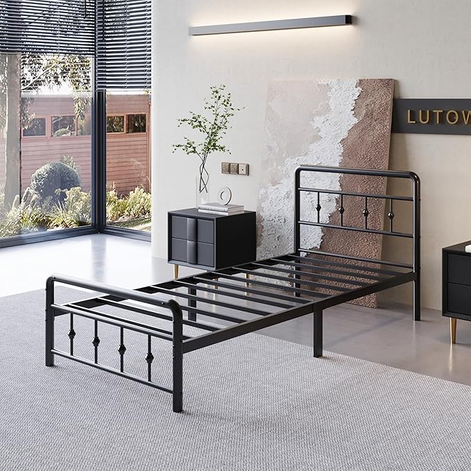 12 Inch Twin Bed Frames with Victorian Vintage Headboard and Footboard, No Box Spring Needed, Heavy Duty Metal Mattress Foundation, Noise Free, Easy Assembly, Black