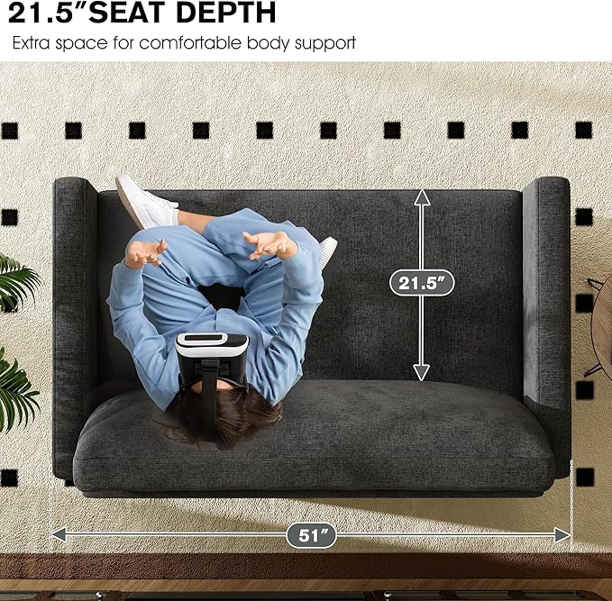 51" Loveseat Sleeper Sofa Bed, Chenille Convertible Floor Sofa Bed for Small Spaces, Folding Couch Bed with Deep Seat, 2 Pillows & Solid Frame, Pull Out Floor Couch for Living Room, Black