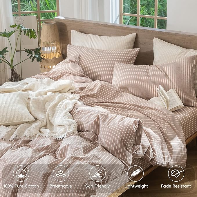 MooMee Striped Duvet Cover Set 100% Washed Cotton Linen Like Textured Breathable Durable Soft Comfy (Orange White Wide Stripes, Super King 108"x98")