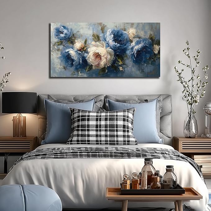 JuhaiArt Peony Floral Wall Art Bedroom Blue Wall Decor White Wall Picture Flower Artwork for Living Room Office 20" x 40"